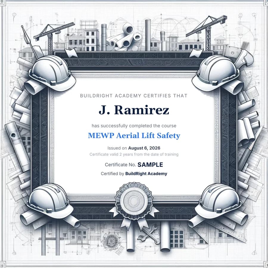 Sample BuildRight Academy certificate: J. Ramirez, MEWP Aerial Lift Safety