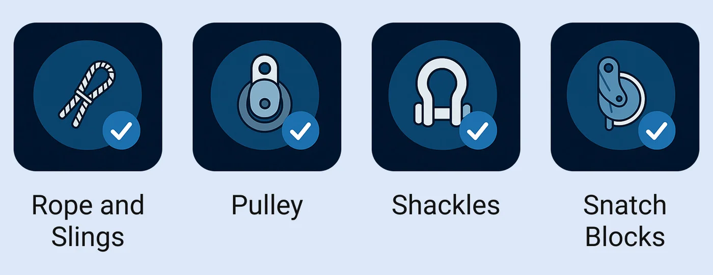 Rope and slings, pulley, shackles, snatch blocks — the rigging hardware checked before use